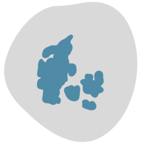 Blåt ikon af Danmarkskort på grå baggrund, der symboliserer landsdækkende service hos Lindholm Biler & Leasing